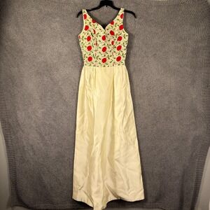 Vintage‎ Emma Domb Dress Womens 10 Pale Yellow Red Rose Sequin Formal Gown 60s
